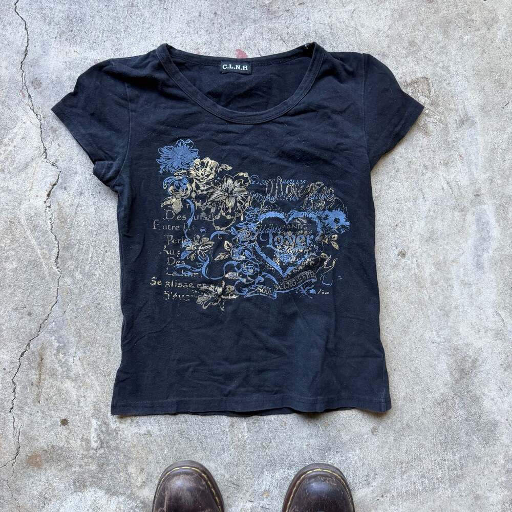 C.L.N.H Black Floral Heart Print Tee